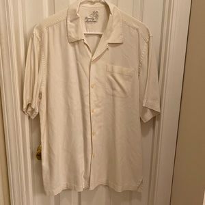 Tommy Bahama Mens Cream Silk Button Up Shirt Short Sleeve Collared beach wedding